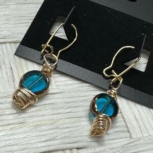 Gorgeous Blue Sea Glass Gold Wire Drop Earrings